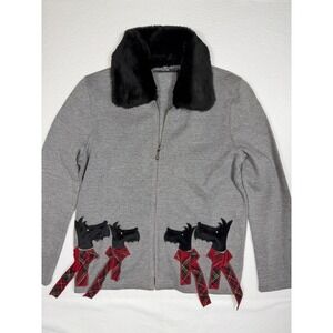 VTG Onque Casuals Gray Full Zip Cardigan Fur‎ Collar Scottish Dog Lover SM NEW